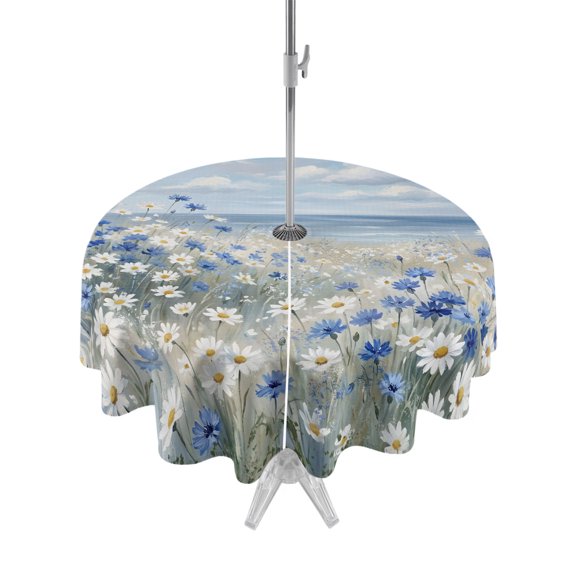 Outdoor Tablecloth with Umbrella Hole for Patio/Picnic/Party/Camping, Blue Flower Waterproof Table Cloth Round Cover Washable, Pastoral Daisy Floral Field Seaside Scenery (Dia 54")