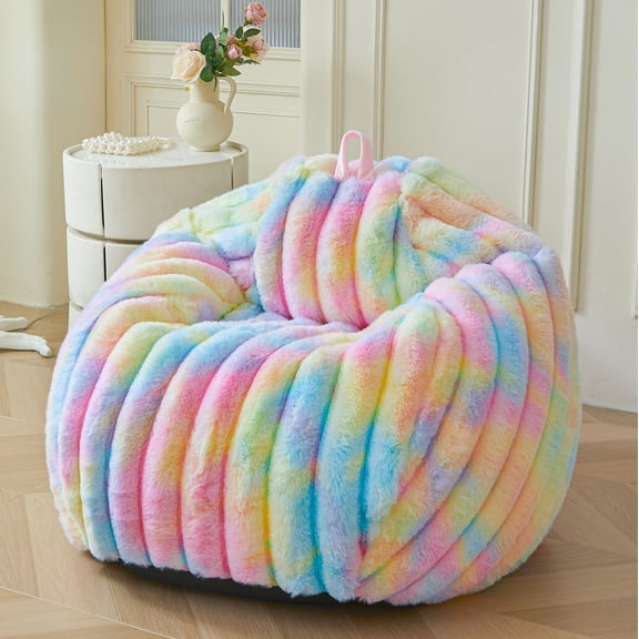XeGe Fluffy Faux Rabbit Fur Bean Bag Chair Cover(No Filler), Luxury Plush Shaggy Striped Stuffed Animal Storage Bean Bag, 3FT Big Adults Fuzzy Decorative Beanbag Cover Bedroom Living Room, Rainbow