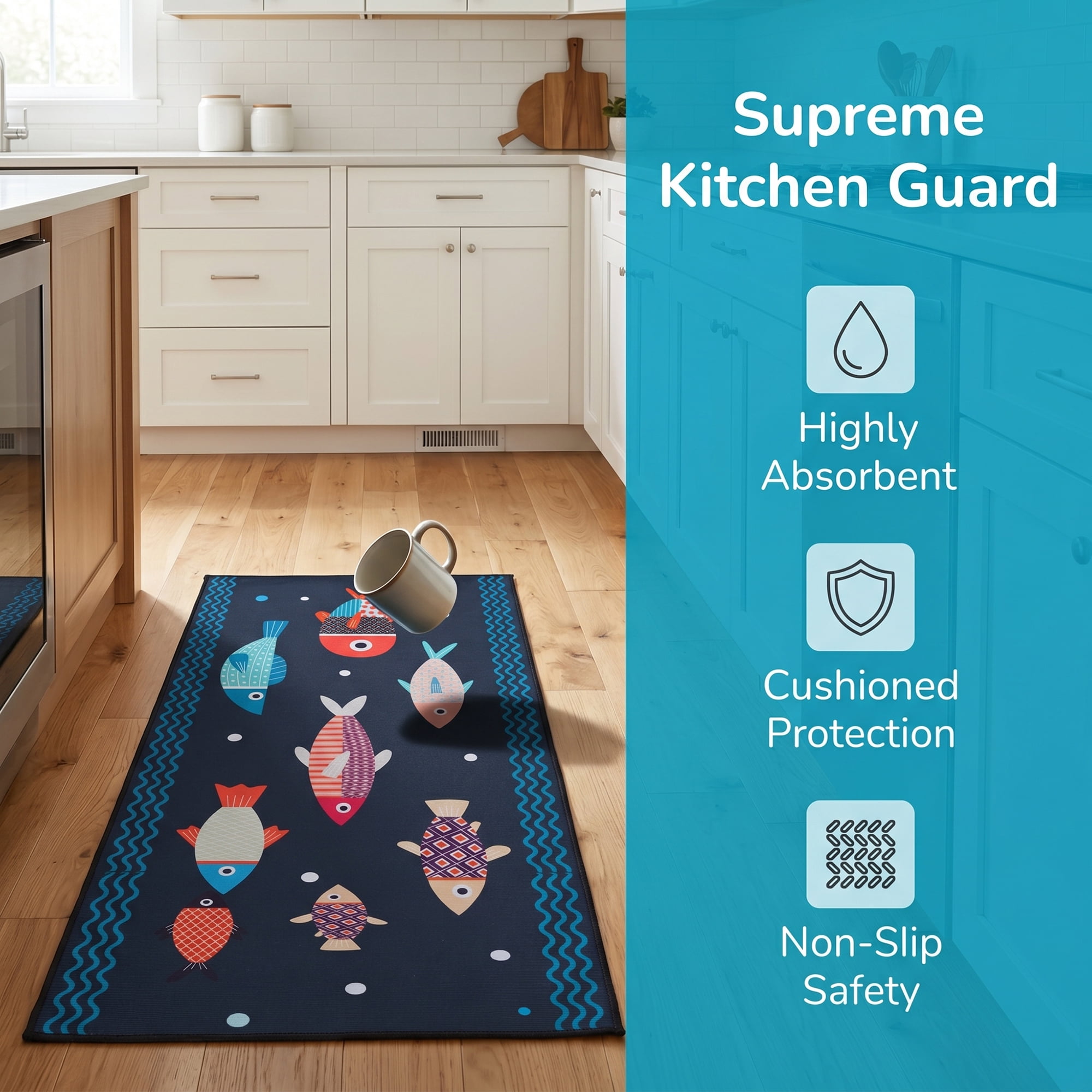 Unique Bargains Non Slip Fish Floral Printed Kitchen Rugs and Mats Blue 23"x15"+47"x15"