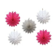 Devra Party 19 Inch Tissue Paper Snowflake Decorations, Set of 5, Pink Flurries (Cerise, White, Gray)