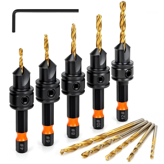 CURYMAY 2026 New Countersink Drill Bit Set,11Pcs Countersink Drill Bits#4,#6,#8,#10,#12,Coated 1/4 Inch Hex Shank,Adjustable Depth Pilot Hole Drill Bits,Countersink Drill Bit for Wood