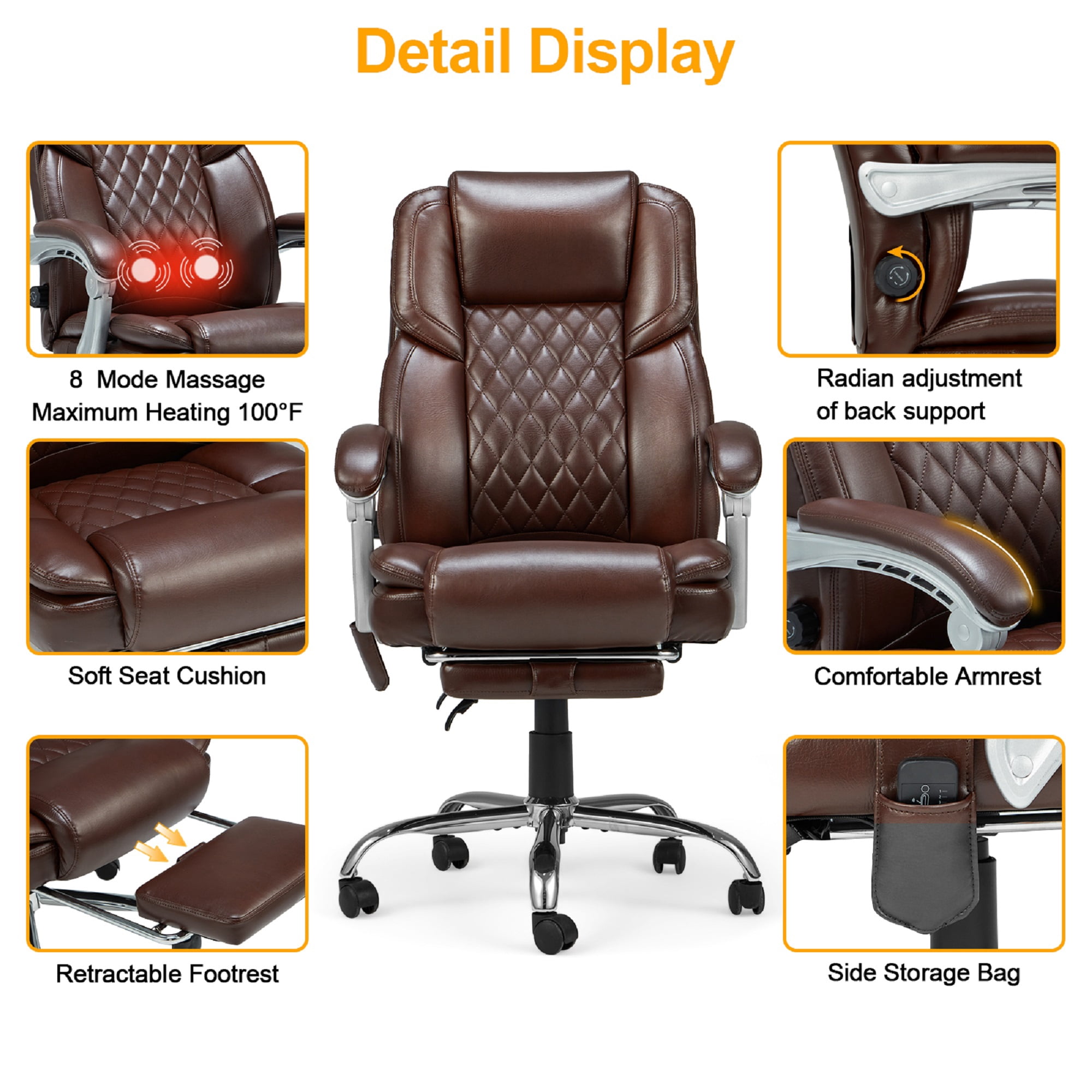 Homrest Executive Office Chair W/ Adjustable Lumbar Support,Massage Office Chair for Adult,Brown