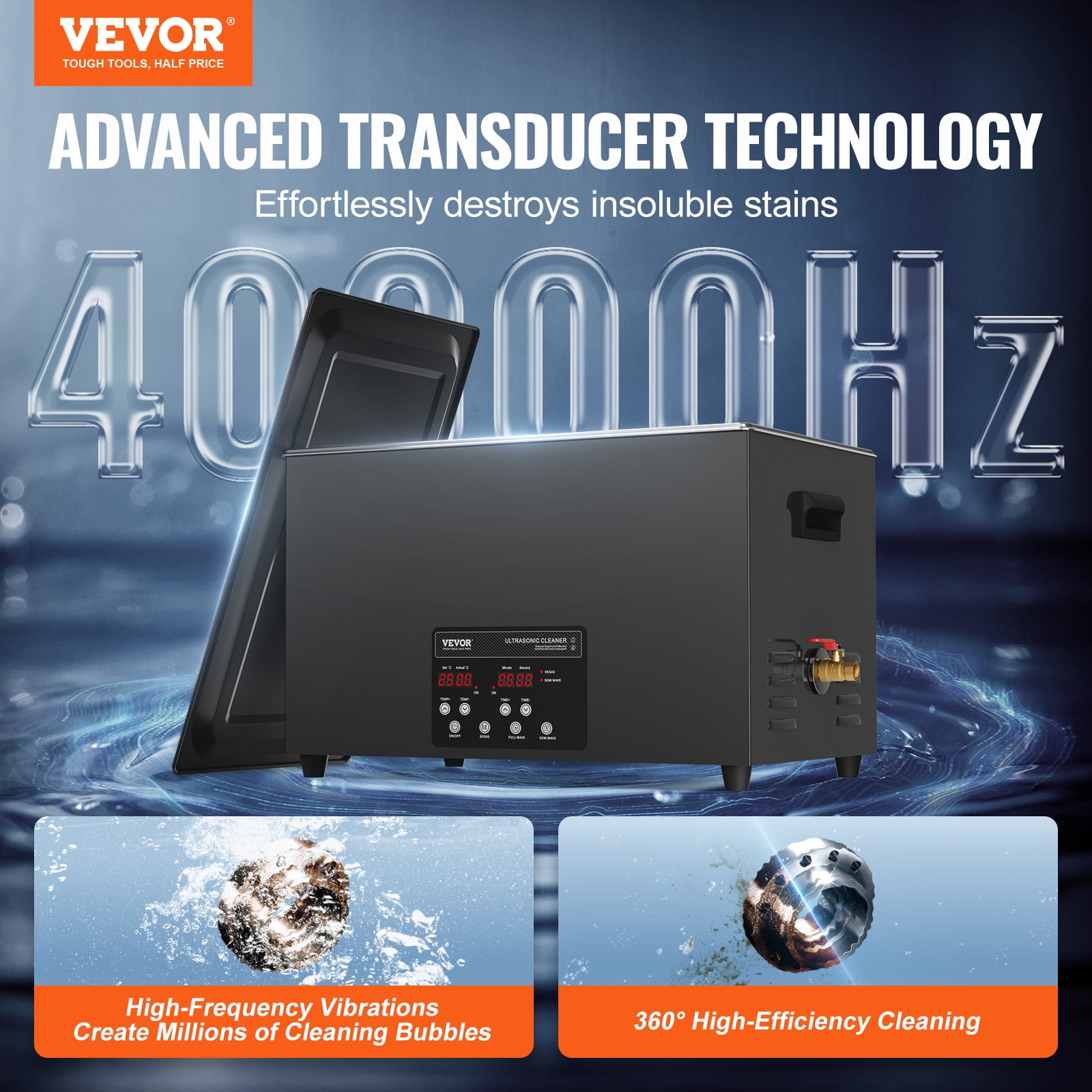 VEVOR 30L Ultrasonic Cleaner, 600W Digital Ultrasonic Cleaning Machine with Upgraded Degassing and Gentle Mode, 40kHz Industrial Ultrasound Cleaner with Timer and Heater for Retainer Jewelry Tools