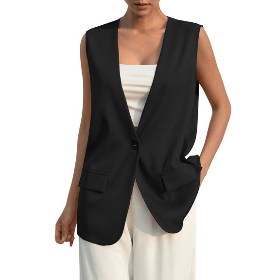 Women's Elegant Sleeveless Vest Tops Lightweight Fully-Lined Fashion Casual Work Office Blazers with Pockets