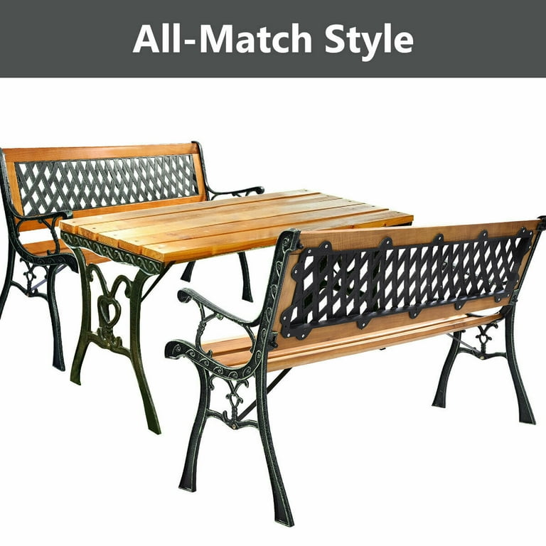 49 1 2 Patio Park Garden Bench Porch Path Chair Outdoor Deck Cast Iron Hardwood