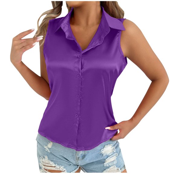 Womens Sleeveless Button Down Shirt Satin Blouse for Business Casual Office Wear Summer 2025 Lightweight Breathable Work Top with Collar
