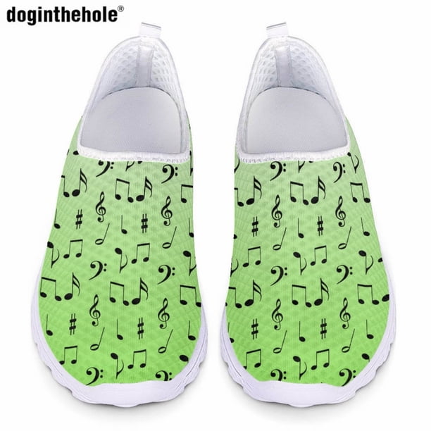 Zapatos planos casuales con estampado de notación musical de color degradado para mujer, zapatos de malla transpirables y cómodos de verano, zapatillas sin cordones