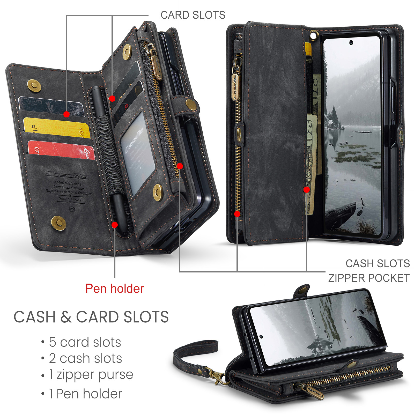 Feishell Durable 2- In-1 Magnetic Detachable Wallet Case for Samsung Galaxy Z Fold 7,for Women Men,Premium PU Leather Zipper Pocket Flip Multi Card Slots Purse Phone Case with Wrist Strap,Black