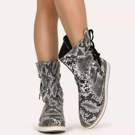 

Fall Decorations Clearance Hvyes Women s Shoes Fashion Leopard Snake Pattern Laceing Low-heeled Thicken Non-slip Middle Boots