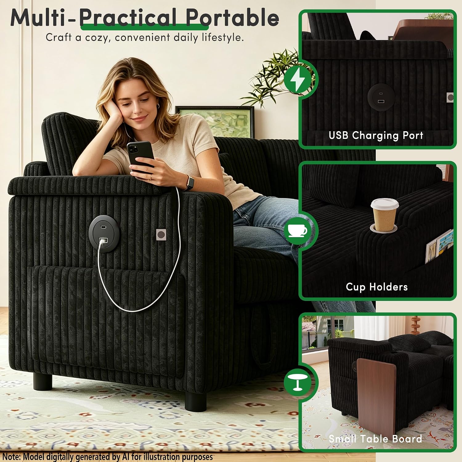 ShiKeyi 100'' Pull-out Sofa With USB ports, Table Board and Cup Holder, Comfortable Soft Cushioned Corduroy Fabric Sofa Bed, Extra-large U-shaped Combination Storage sofa bed, Black