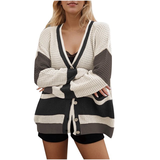 ameIAEA Women Open Front Knit Sweater Button Down Long Sleeve V Neck Color Block Cardigan