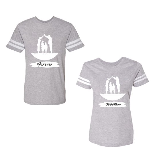 Forever Together Unisex Couple Matching Cotton Jersey style T-Shirt Contrasting stripes on sleeves (Men Heather / Women Heather) (Men M / Women S)
