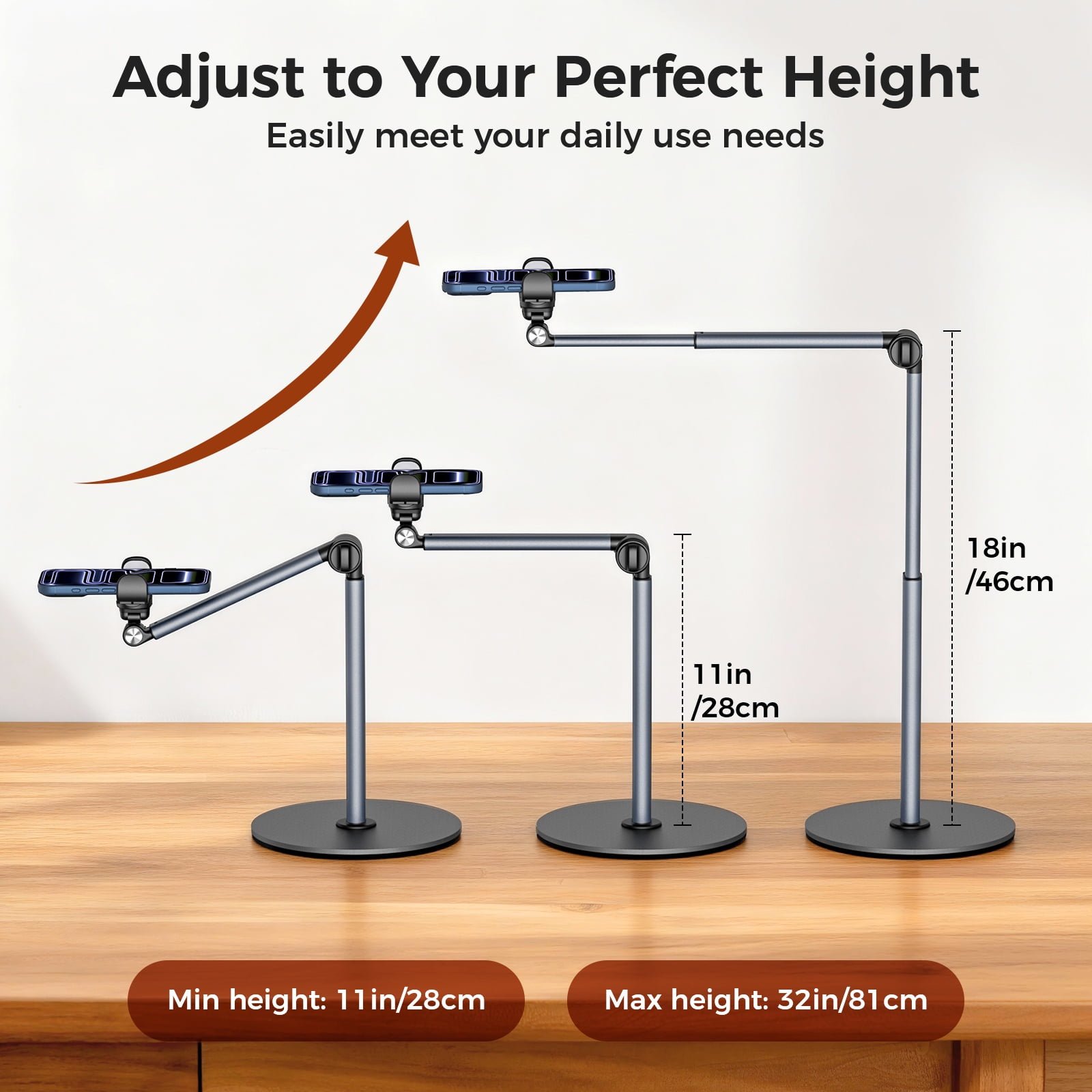 MoKo Overhead Phone Mount, 11.8 in Desk Cell Phone Tripods Stands, Angle & Height Adjustable, Telescopic Arm for Live Streaming, Meeting, Cooking, Nail Video Recording