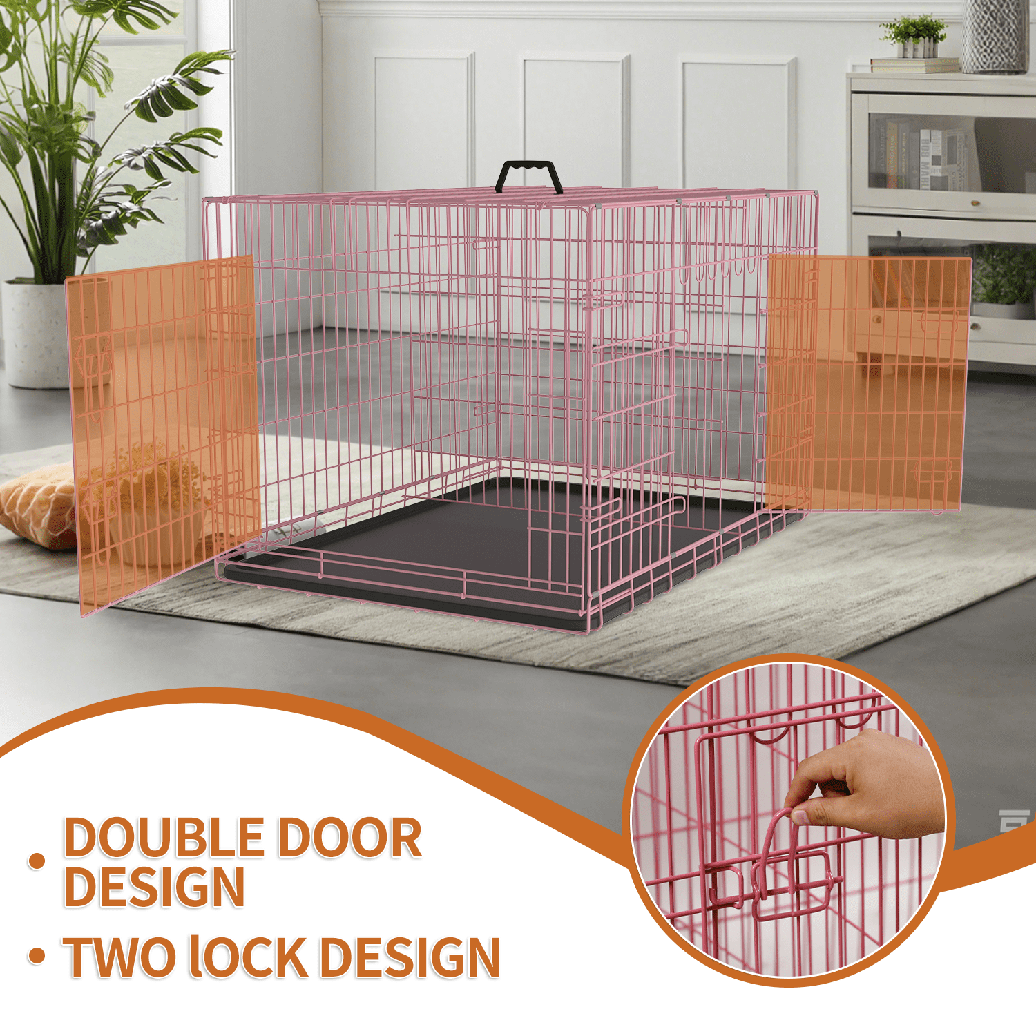 Dkelincs 48 inch Large Dog Crate Portable Foldable Dog Cage with 2 Doors, Handle, Plastic Tray, XXL Dog Kennel for Medium Large Puppy, Pink
