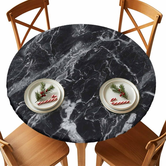 Round Tablecloth Black Marble Elastic Edge Fitted Abstract Modern Themed Plastic Table Cover,Waterproof Oil Proof for Dinner,Outdoor, Picnic, 55"- 60" DIA Tables
