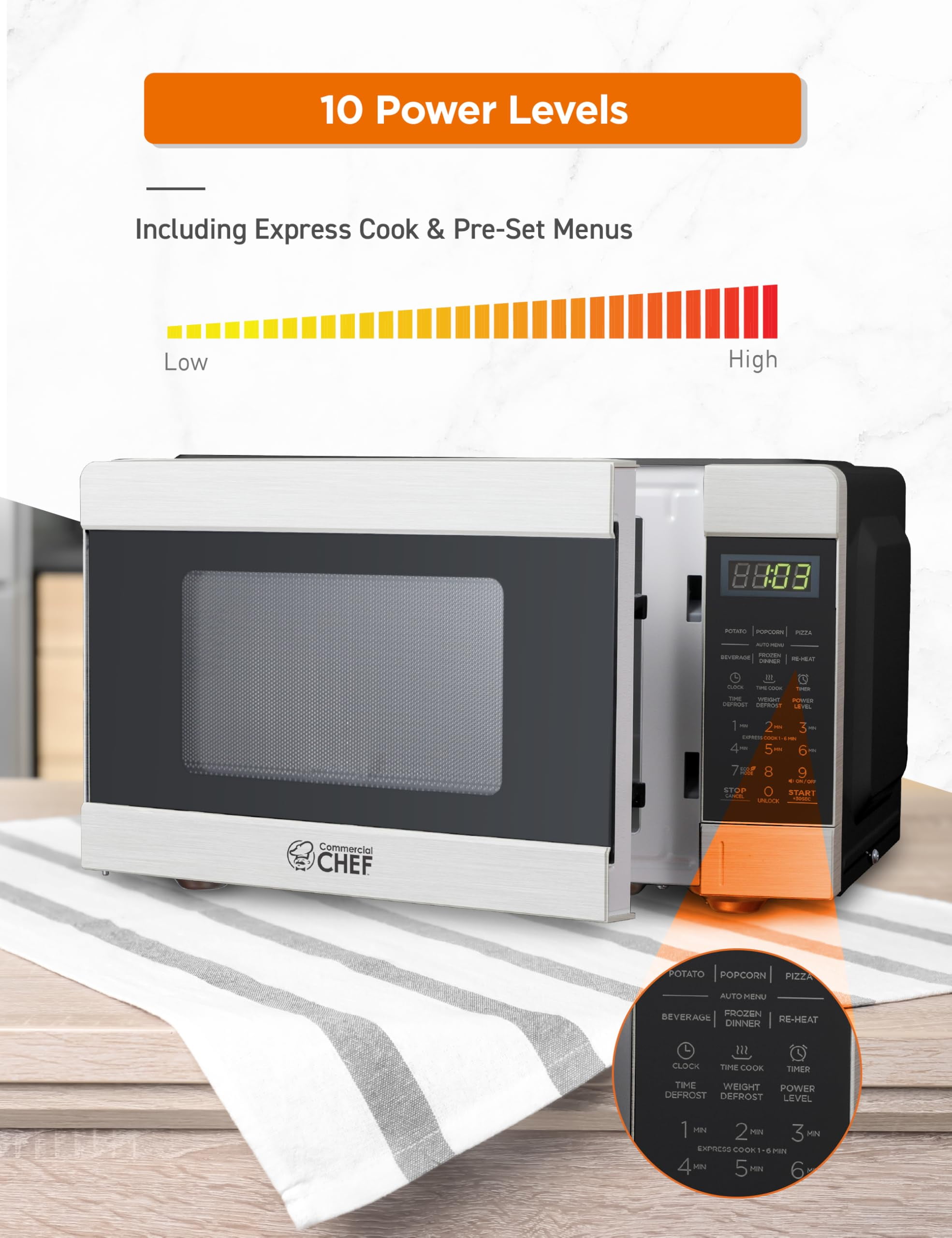 Commercial Chef CHM009 Countertop Microwave 900W, 0.9 cu. ft., Stainless Steel and Black, Small