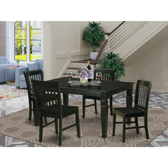 East West Furniture  5 Piece Kitchen Table Set- a Dining Table with Butterfly Leaf and 4 Solid Wood Seat Chairs, Black
