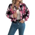 thumbnail image 5 of Wevis Women's Collared Plaid Long Sleeve Button Front Cropped Shacket with Pockets - ROSERED_S, 5 of 7