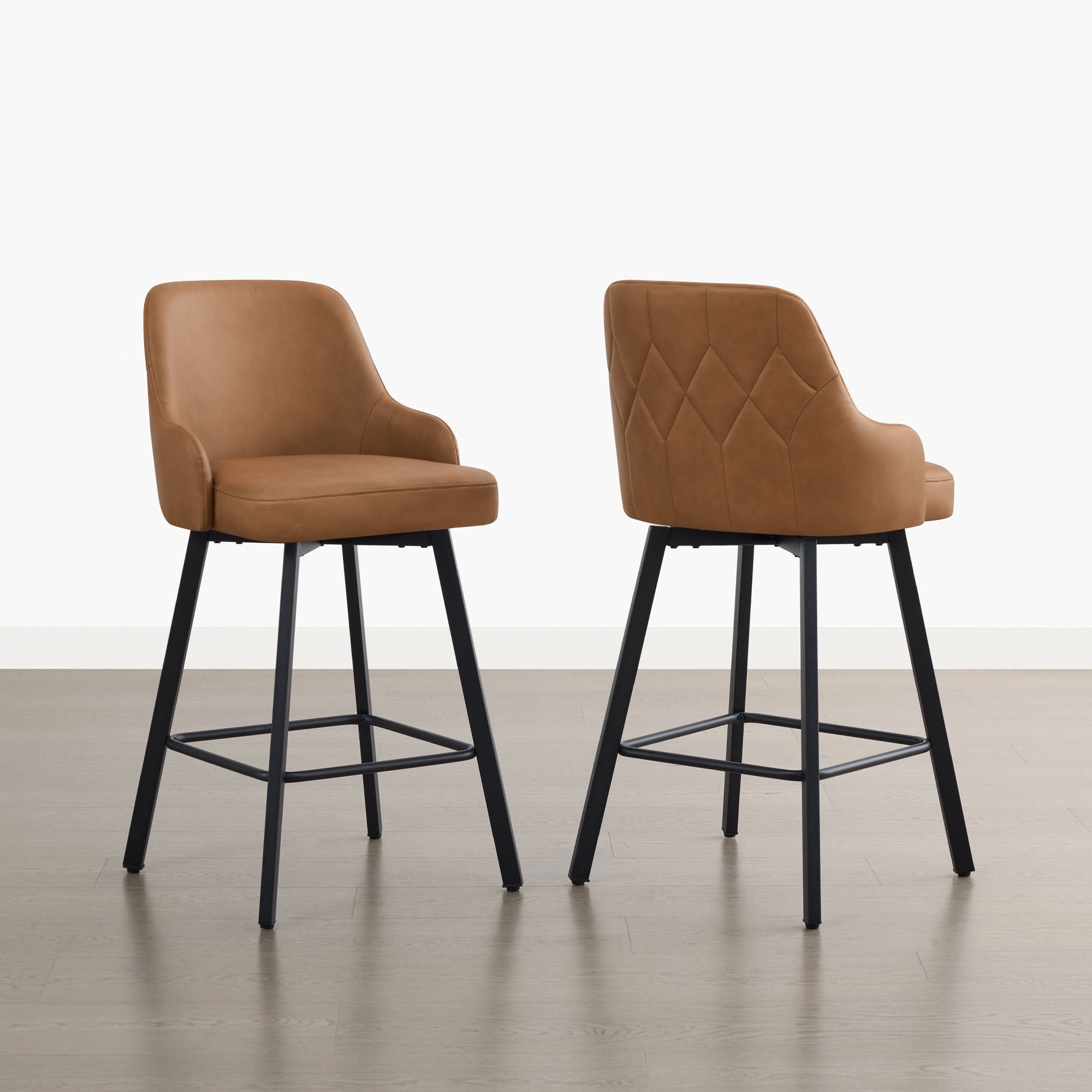 Spruce & Spring Swivel Counter Stools Set of 2, Modern Faux Leather Bar Stools with Back and Arms, Diamond Stitch Upholstered Kitchen Island Chairs, Matte Black Metal Legs, Counter Height, Brown