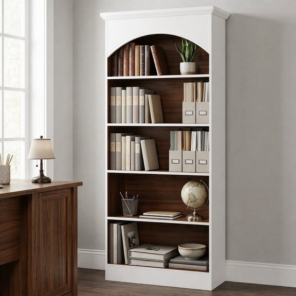 Fnova 70.9" Tall Bookcase, 5-Tier Wooden Bookshelf with Open Shelves, Freestanding Storage Display Shelf for Living Room, Bedroom, Home Office, White & Oak