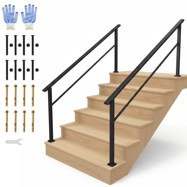 6 Step Outdoor & Indoor Stair Handrail Kit – Black Aluminum Railing with Iron Poles, Safety Grab Bar, ADA Compliant, Easy Installation, Non-Slip – Step 6 | 2-Pack | Black