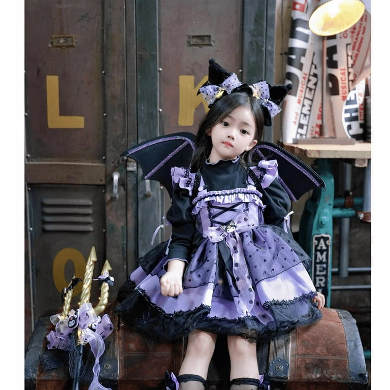 Cute Kawaii Sanrioed Kuromi Girls' Rita Princess Dress Autumn/winter Long  Sleeve Cos Dress Cartoon Wing Children's Dress 