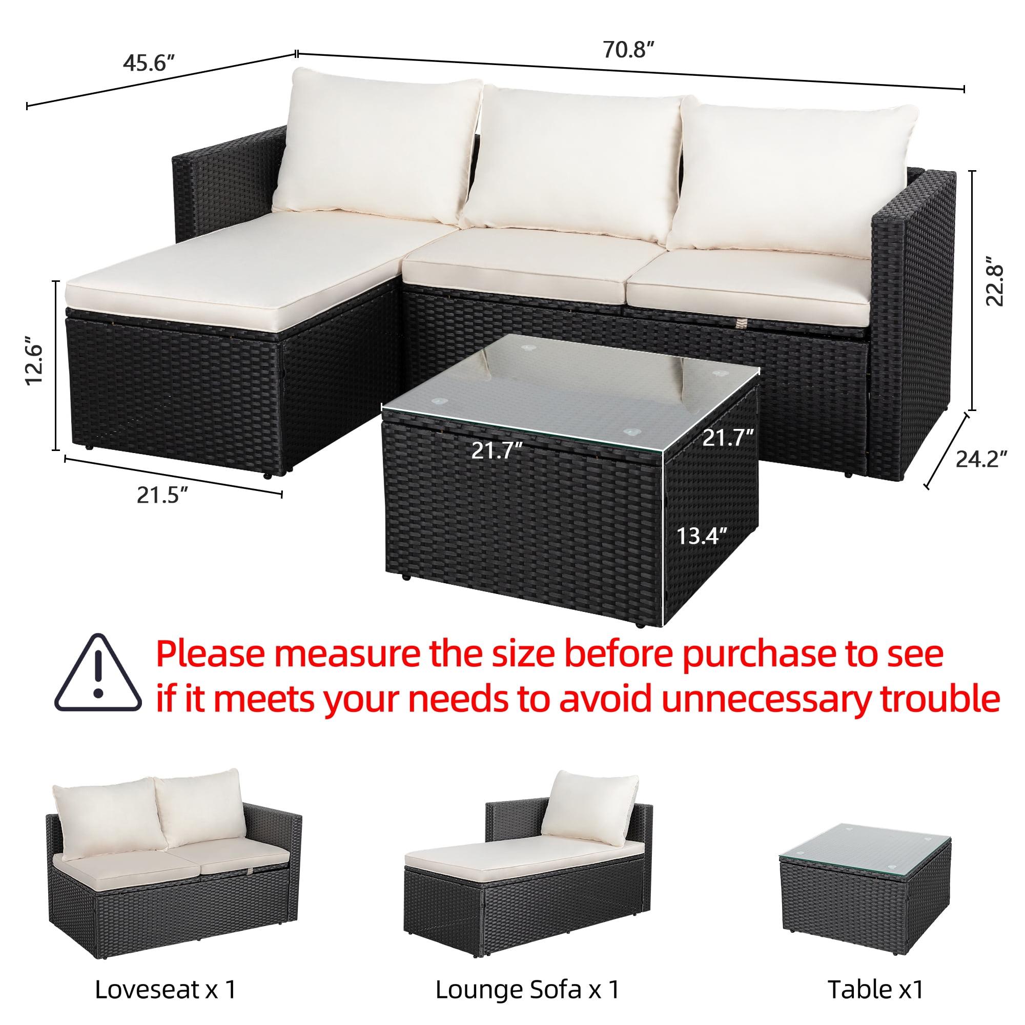 Walsunny 3 Pieces patio furniture set, Rattan Wicker Outdoor Conversation Set with Cushions and Glass Tabletop,White