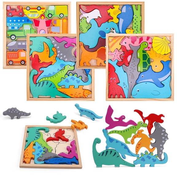 sixwipe 4 Sets Wooden Animal Puzzles, Shape-Sorting Activity for Kids, 48 Wood Blocks, Educational Learning Gift Toys for 3 Year Old Boy Girl