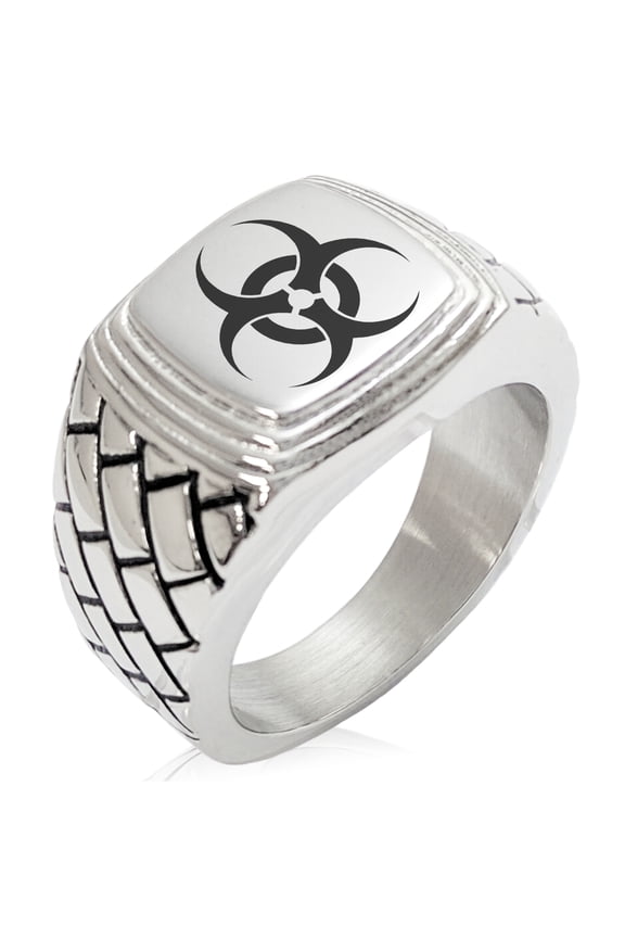 Stainless Steel Biohazard Geometric Pattern Step-Down Biker Style Polished Ring