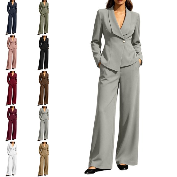 MLCDZ Women's 2 Piece Business Casual V Neck Long Sleeves Suit Set Blazer and High Waisted Wide Leg Loose Pants Dressy Work Office Outfits for Women