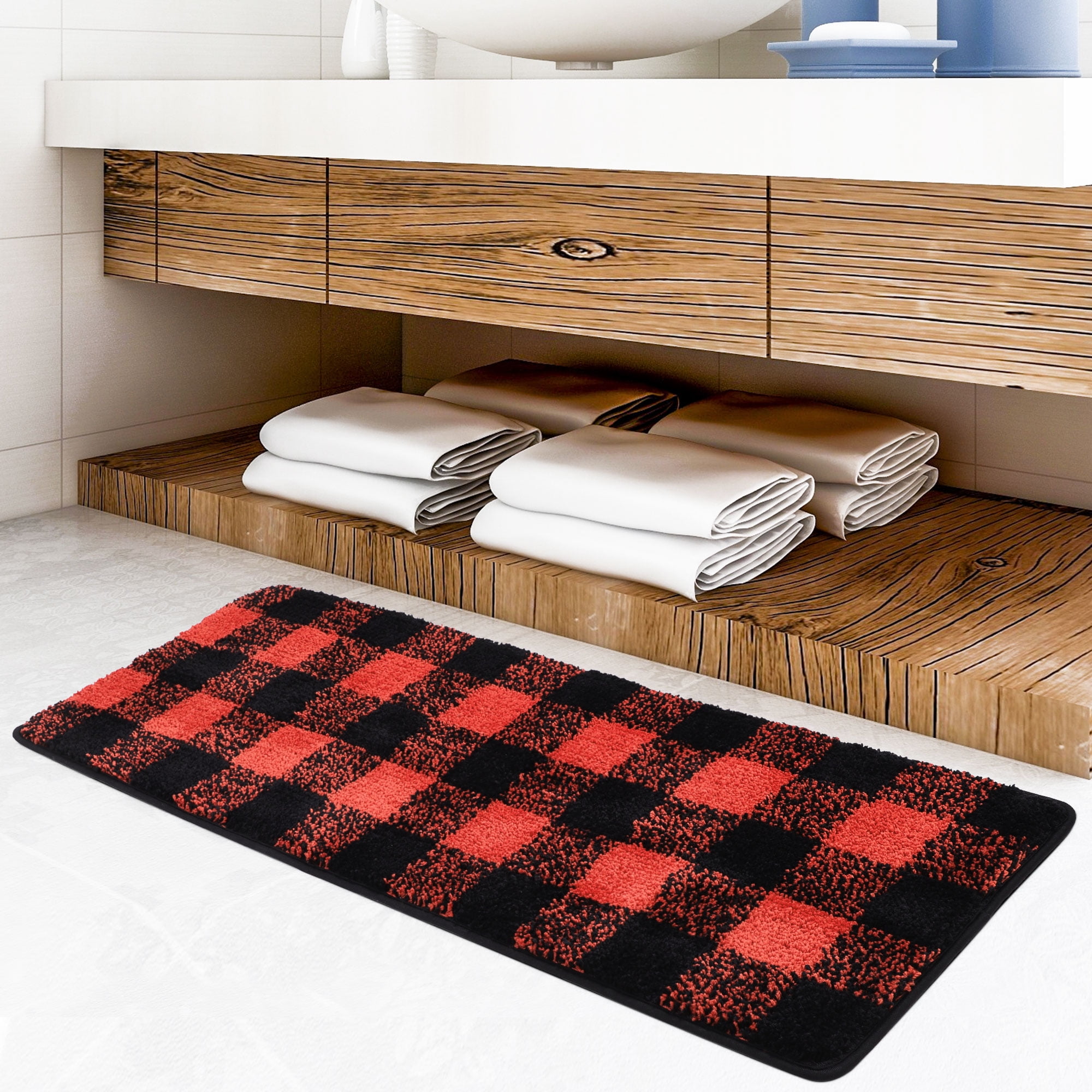Unique Bargains Soft Microfiber Plaid Bathroom Rugs Black & Red 17"x47"