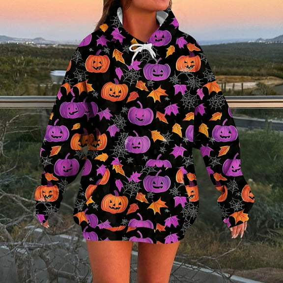Halloween Sweatshirts for Women Fall Pumpkin Graphic Oversized Long Sleeve Drawstring Hoodie Drop Shoulder Vintage Cute Pullover Tops with Pocket 2025 Festival Clothes Gifts Fit Party SeasonXdegoge
