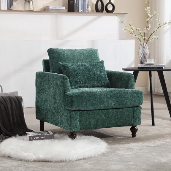 Mid Century Modern Arm Chair - Solid Wood Frame, Tufted Club Chair for Living Room, Bedroom and Reading with Chenille Fabric (Emerald Chenille)