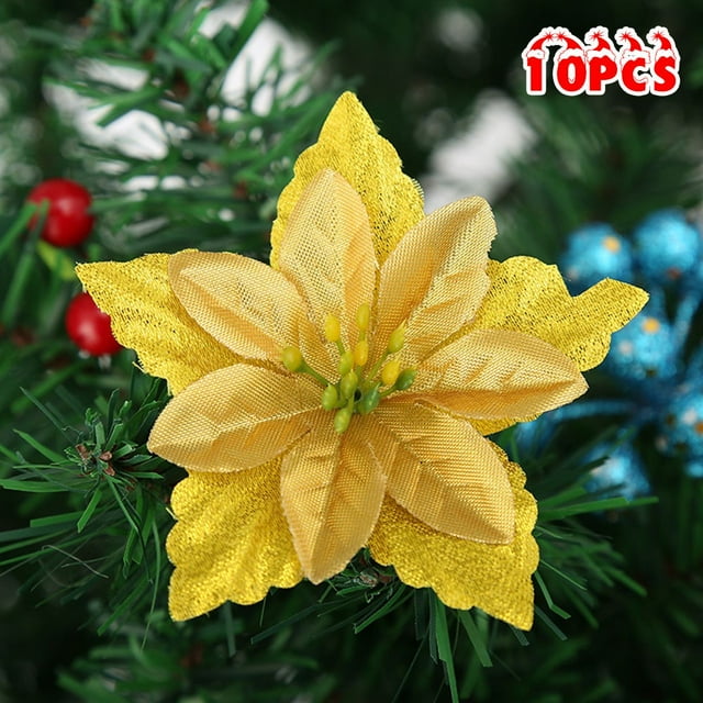 10X Christmas Double layer Poinsettia Glitter Flower Tree Hanging Xmas Decor