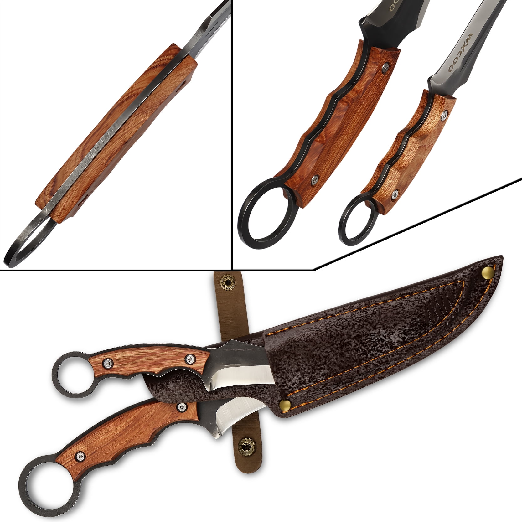 2-Piece Forged Fixed Blade Knives, Wood & Metal Composite Handle Ring Tactical Hunting Knife Set with Sheath
