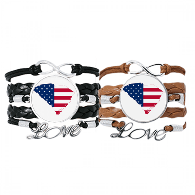America USA Map Stars Stripes Flag Bracelet Hand Strap Leather Rope Wristband Double Set