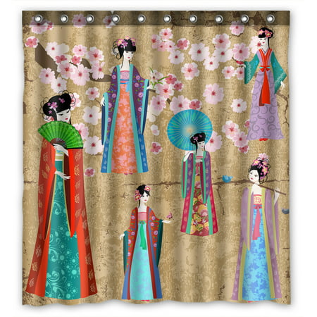 YKCG Oriental Girl in Chinese Costume Pink Floral Cherry Blossom Shower Curtain Waterproof Fabric Bathroom Shower Curtain 66x72