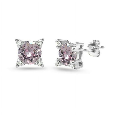Sterling Silver Pink Studded Solitaire Stud Earrings Made with Swarovski Crystals