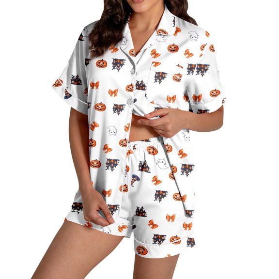 Summer Sales Womens Pajama Sets Funny Pumpkin Print Short Sleeve Button Top Loungewear Halloween Pajama Sets for Women 2 Piece