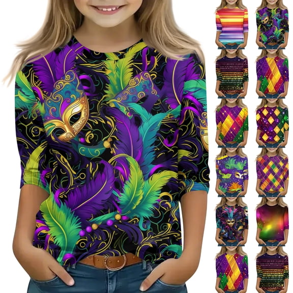 YOUYEDIAN Girls Mask Print 3/4 Sleeve Tops Toddler Spring Fall Casual Party Tunic Shirts Kids Birthday Vintage Y2k Crew Neck Tshirts (Green, 8-9 Years)