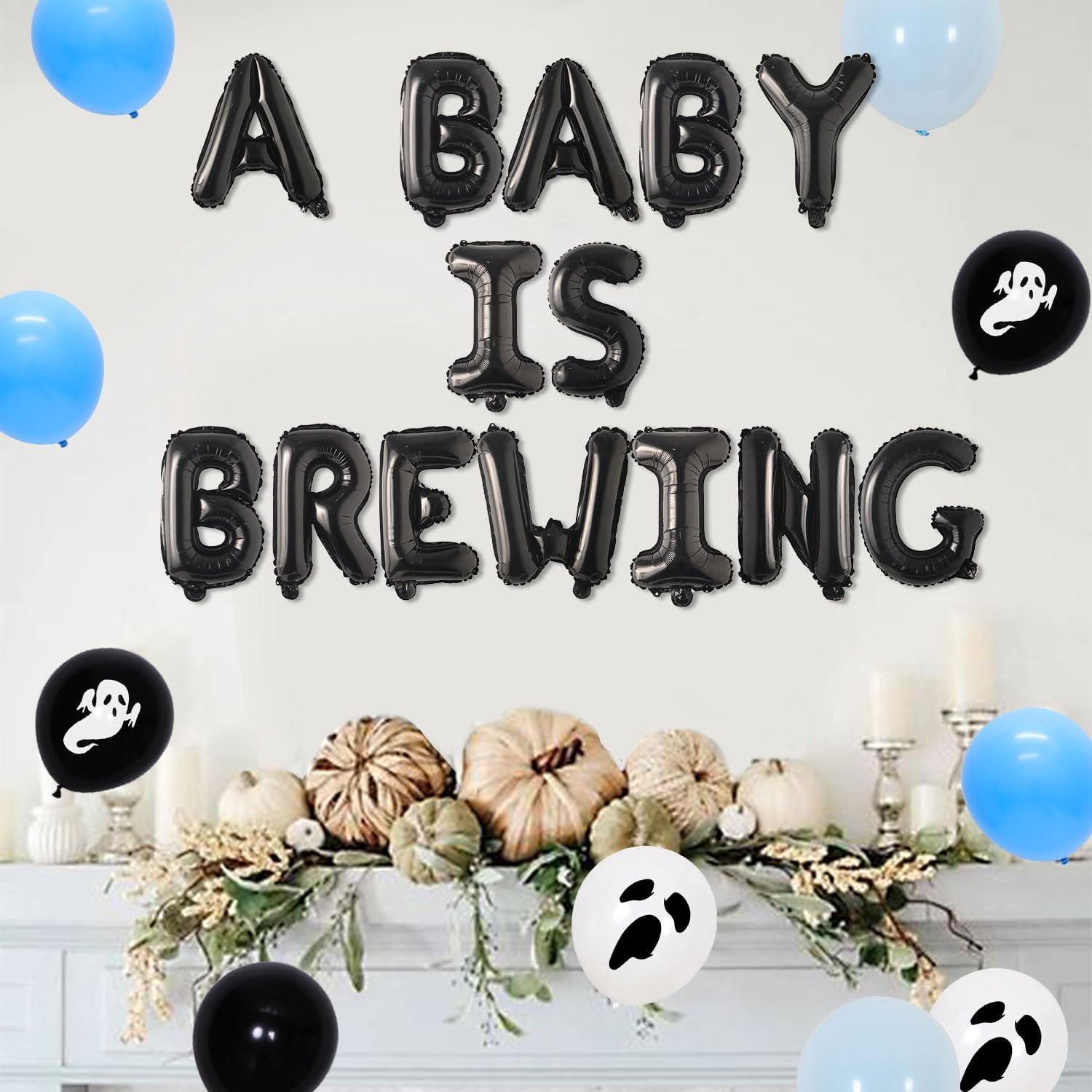 84Pcs Halloween A Baby Is Brewing Baby Shower Decorations Blue Black A Baby Is Brewing Foil Balloons Banner Ghost Balloon Garland Arch Kit for Halloween Themed Baby Shower Party Decor Supplies
