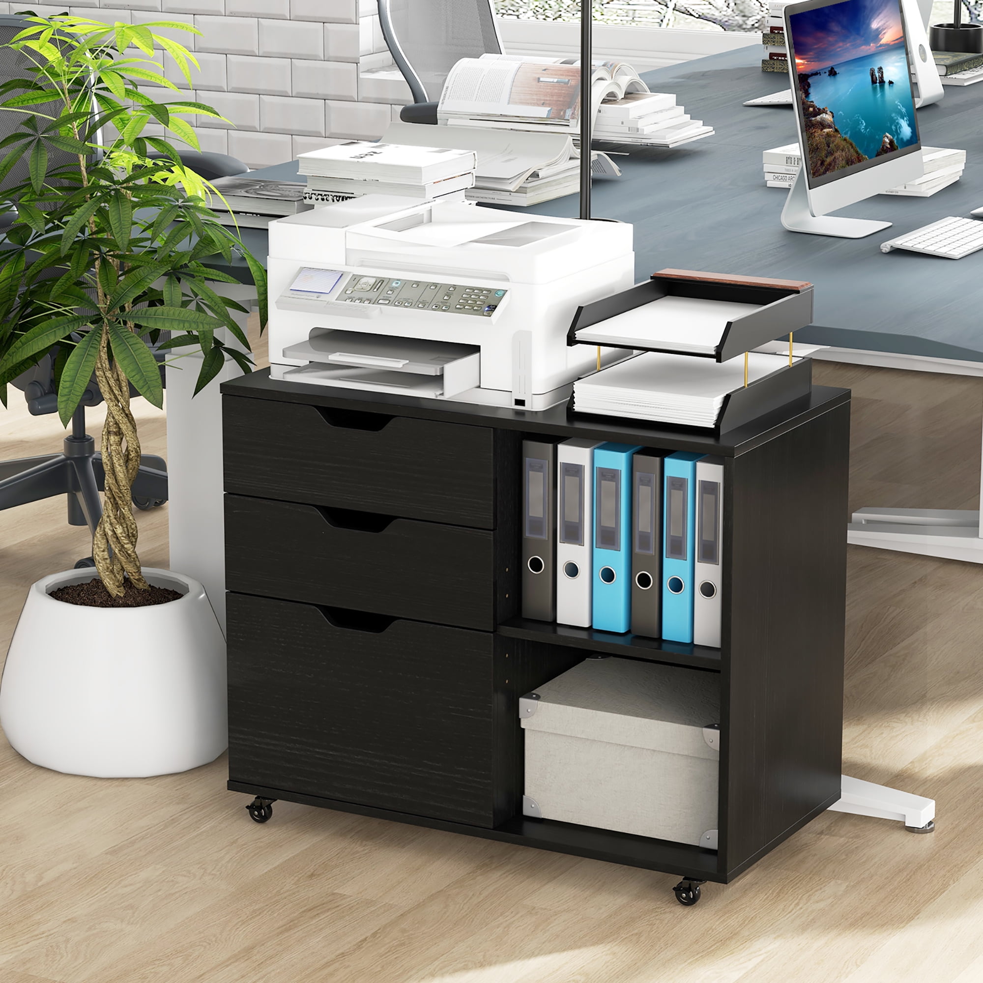 Gymax 3-Drawer Mobile File Cabinet w/ Open Adjustable Storage Shelf for Home Office Black