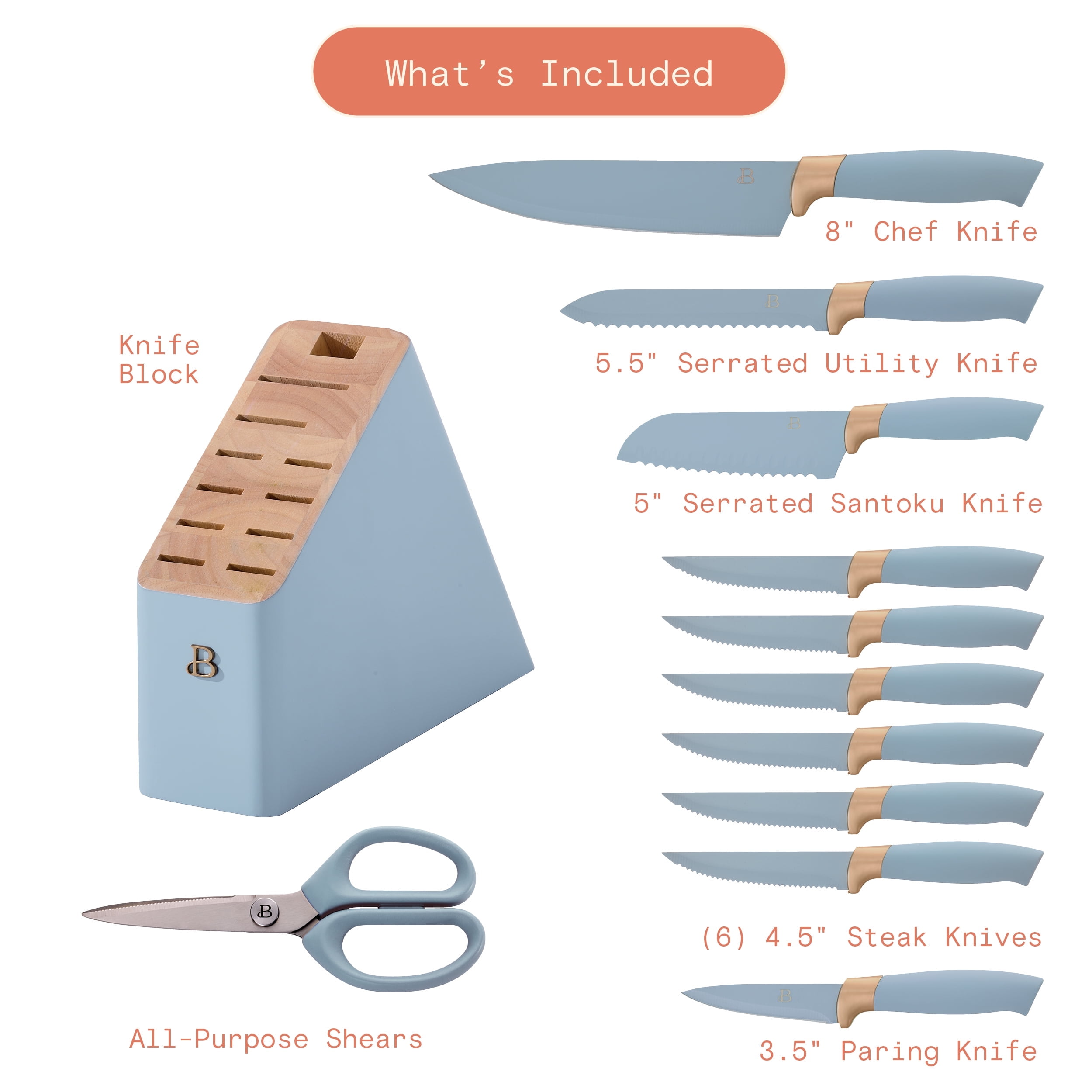 Beautiful 12 Piece Cornflower & Gold Knife Block Set with Soft-Grip Ergonomic Handles by Drew Barrymore