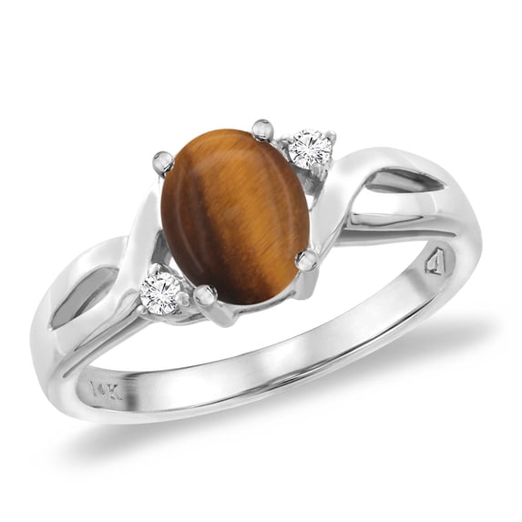 14K White Gold Diamond Natural Tiger Eye Engagement Ring Oval 8x6 mm, size 6.5