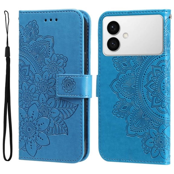 For Samsung Galaxy S26 Edge 5G 6.7" Seven Petal Flower Embossed Strong Magnetic Attachment/Closure, Card Slots/Pocket, PU Leather Flip Wallet Case With Hanging Rope,Blue,For Galaxy S26 Edge 5G