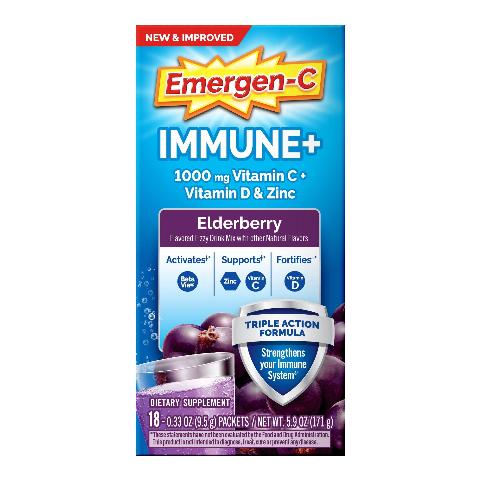 (3 pack) Emergen-C Immune+ Vitamin C Powder Supplement for Immune Support, Elderberry, 18 Ct