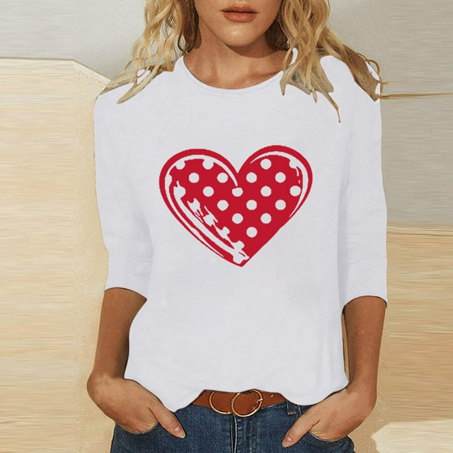 Ailaofu T-Shirts de la Saint-Valentin à Manches 3/4 Col Rond pour Femmes avec Imprimé Cœur Graphique