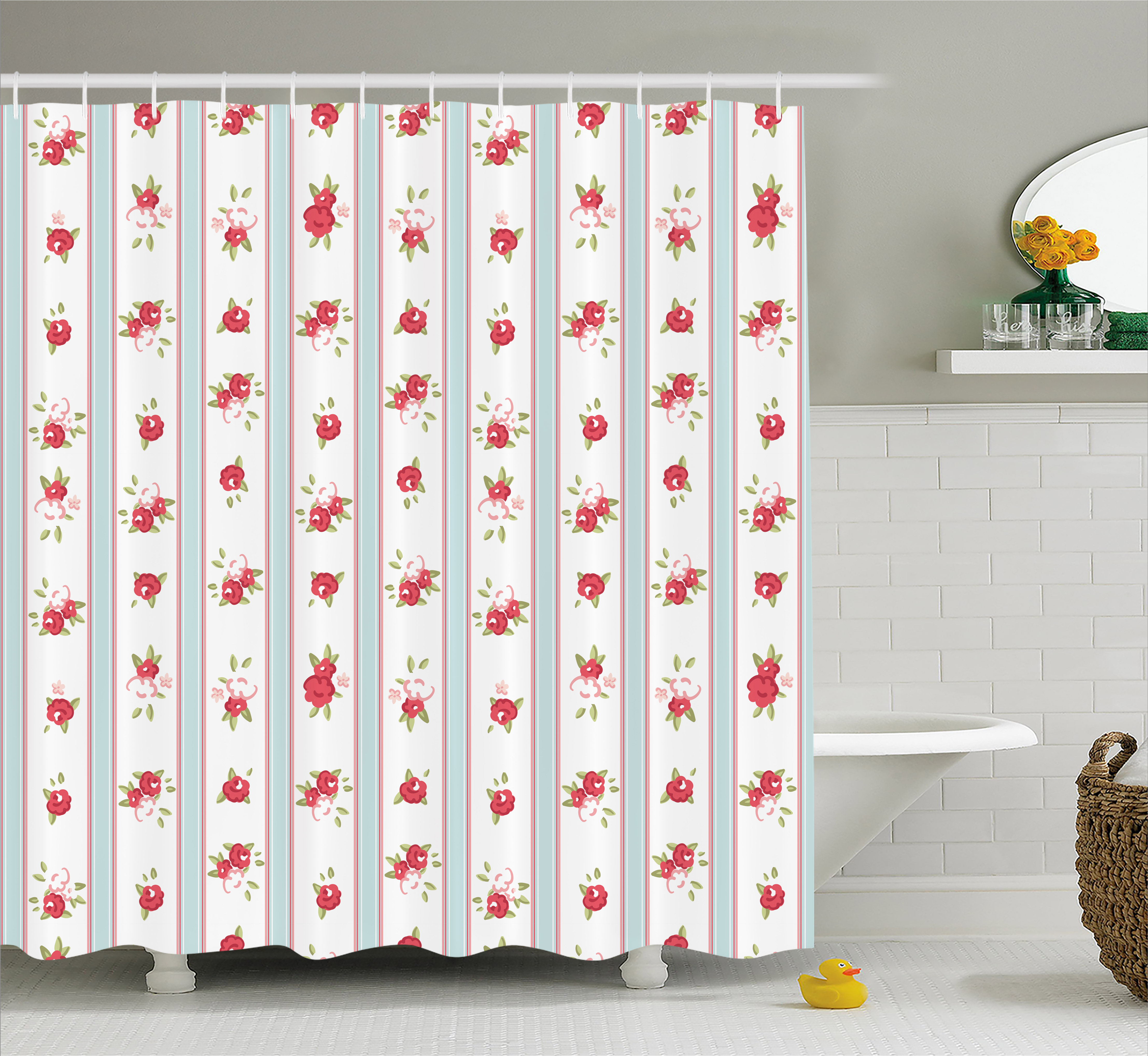 Shabby Chic Shower Curtain, Vertical Borders Cute Rose Blooms Cottage