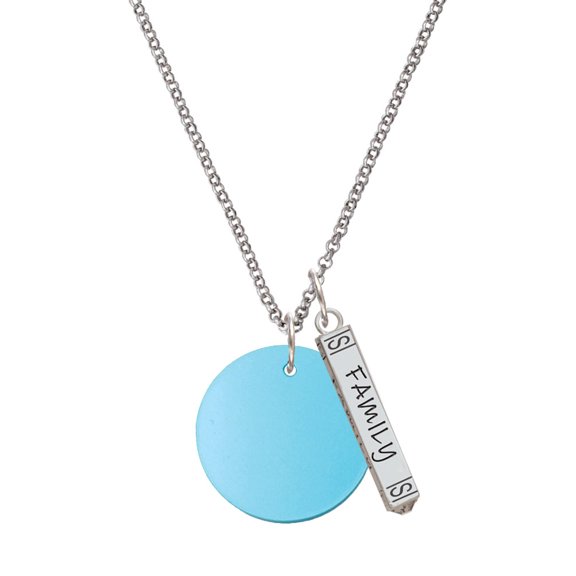 Delight Jewelry Acrylic 1" Disc Hot Blue Imitation Pearl Silvertone Family Bar Charm Necklace, 23"