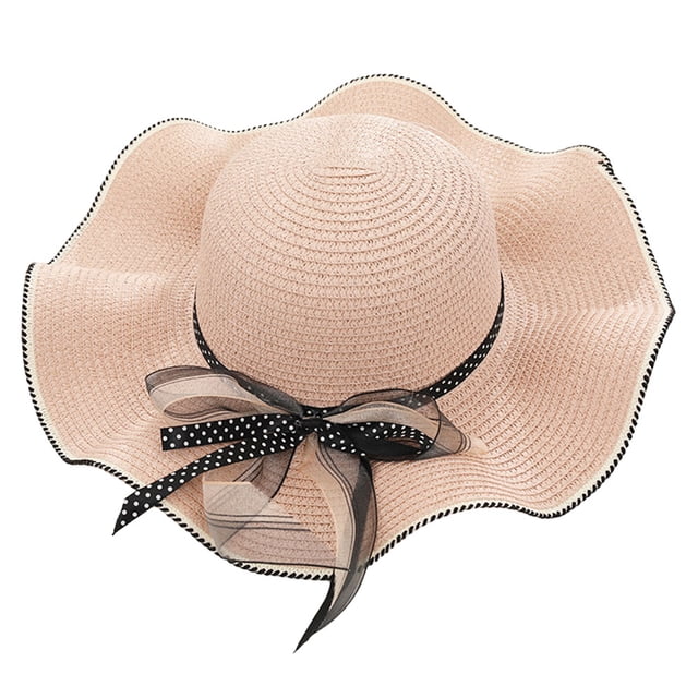 Sombrero de paja con protección solar para mujer, de 54 a 58 cm, con lazo de lunares y cinta plegable, para verano, para exteriores, playa, grandes aleros
